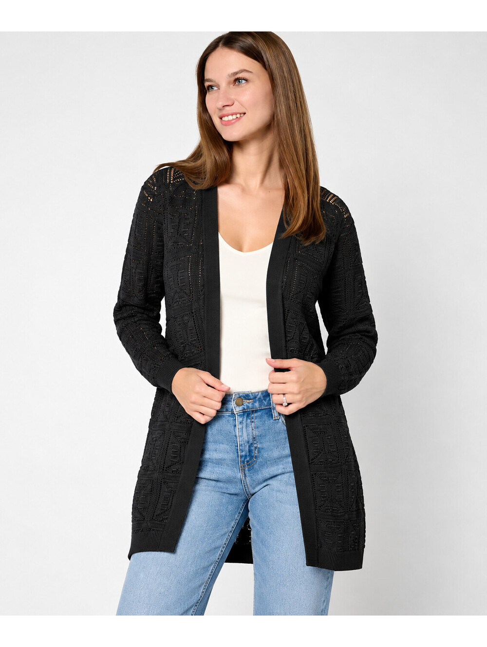 Susan Graver Novelty Stitch Long Sleeve Open Front Cardigan Black, Size 5X